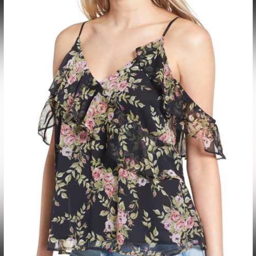Romantic cold shoulder rose print blouse sz M